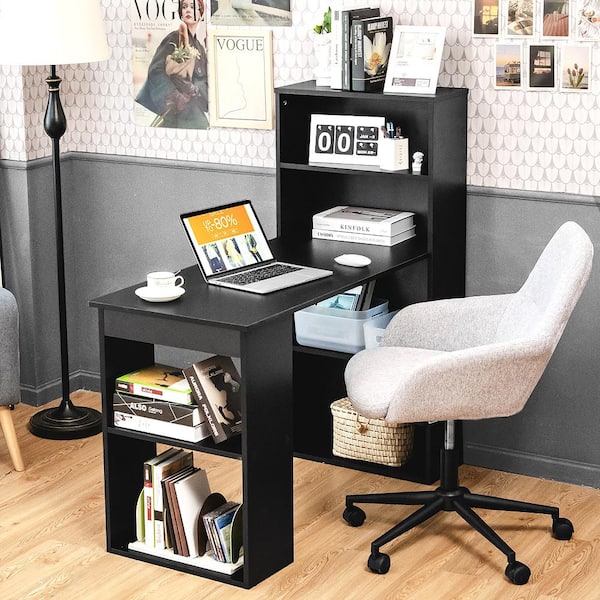 48 in. Rectangular Black Wood Computer Desk Writing Workstation Office w/6-Tier Storage Shelves