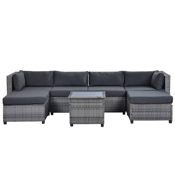 maocao hoom Gray 7-Piece Wicker Patio Conversation Set with Gray Cushions