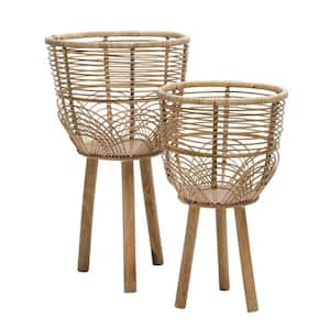 12 in. Brown Wicker Planters with Lattice Weave and Angled Wooden Legs (Set of 2)