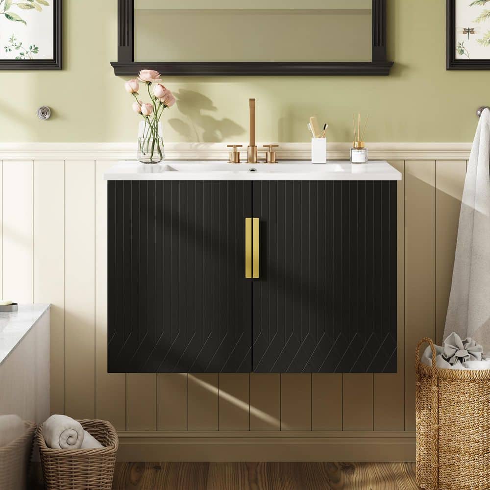 30 in. Single Sink Floating Black Bath Vanity with White Ceramic Sink Top price history on PriceWatchPro