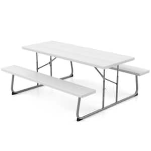72 in. W White Rectangle Iron Picnic Tables with 2 Benches and Umbrella Hole
