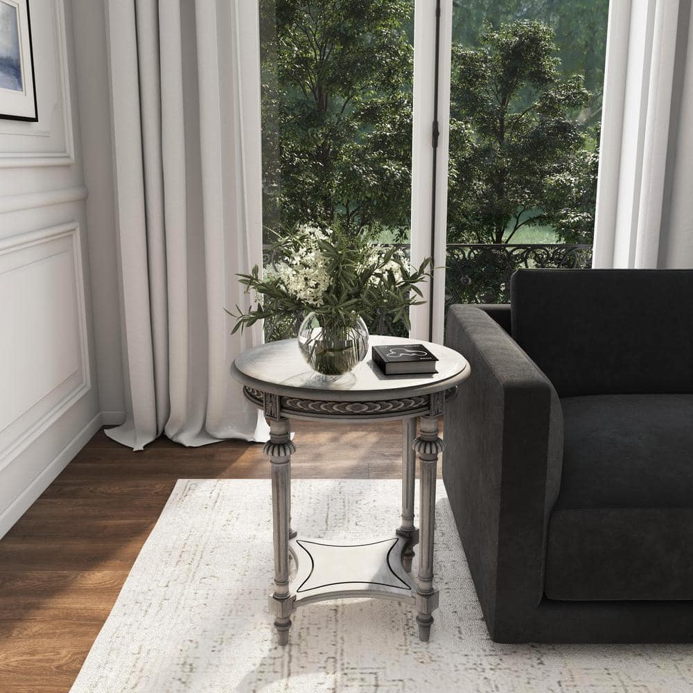 Hellinger Elegant Round Gray Wood Lamp Table with Shelf