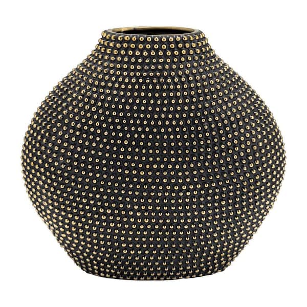 16 in. Black and Gold Ceramic Round Beaded Decorative Vase