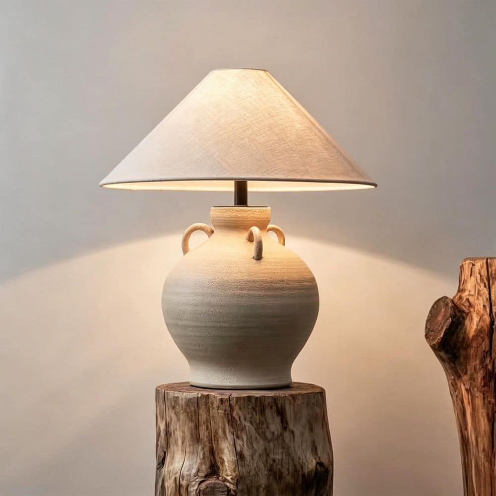 Ceramic Table Lamp with 3 Handles, 16 in. Beige Wabi-Sabi Rustic Desk Lamp, Linen Fabric Shade for Bedroom price history on PriceWatchPro