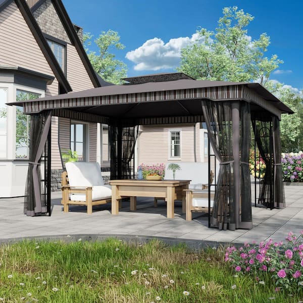 13 ft. x 11 ft. Gray Outdoor Patio Steel Frame Gazebo with Mosquito Netting and Soft Top