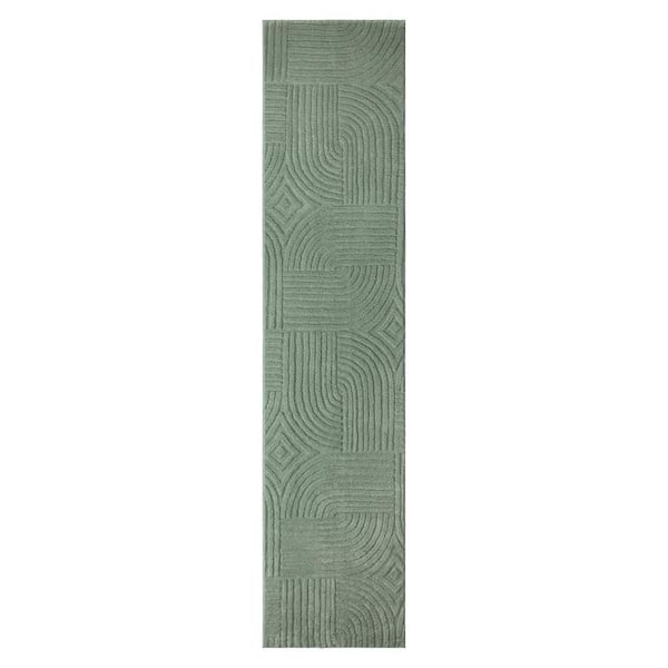 2 ft. x 7 ft. Sage Green Stone Geo Curve Washable Indoor Runner Rug