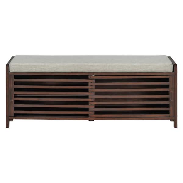 Zeus & Ruta 43.3 in.W x 15.3 in.D x 16.5 in.H Espresso Wood Outdoor Storage Cabinet,Distressed Shutter Storage Bench for Living Room
