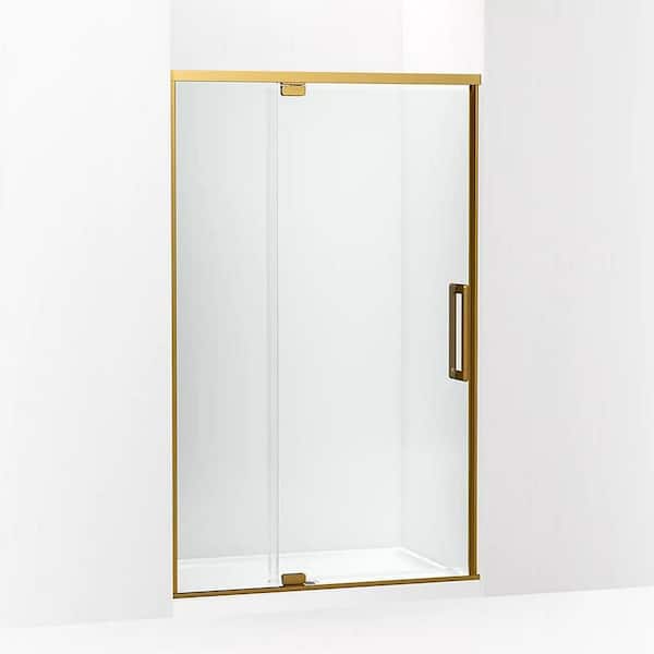Statement 48 in. W x 76 in. H Pivot Framed Shower Door in Brass Finish with Clear Glass
