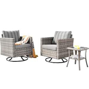 Tahoe Grey 3-Piece Wicker Outdoor Patio Conversation Swivel Chair Set with a Side Table and Striped Grey Cushions