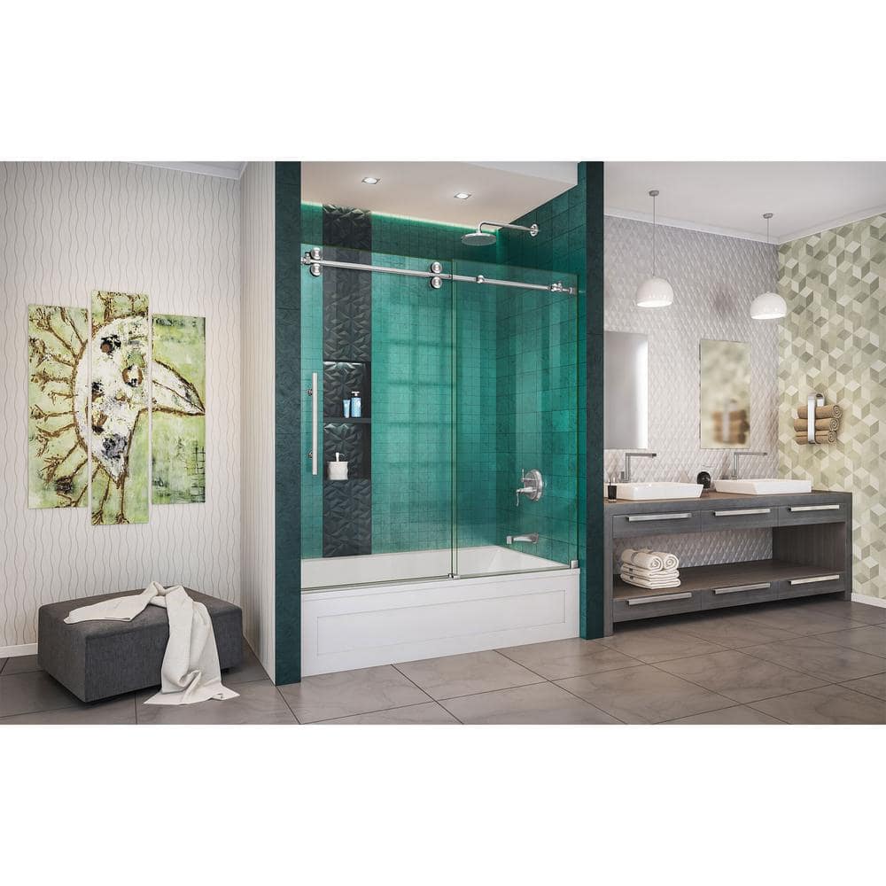 Enigma-XO 55" W x 62" H Single Sliding Frameless Shower Door with Clear Max Technology