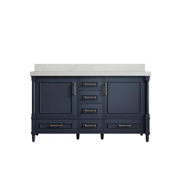 Willow Collections Hudson 60 in. W x 22 in. D x 36 in. H Double Sink Bath Vanity in Navy Blue with 2 in. Carrara Quartz Top