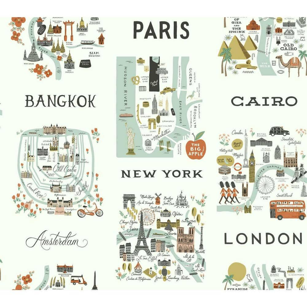 Mint and Brown City Maps Removable Wallpaper Roll