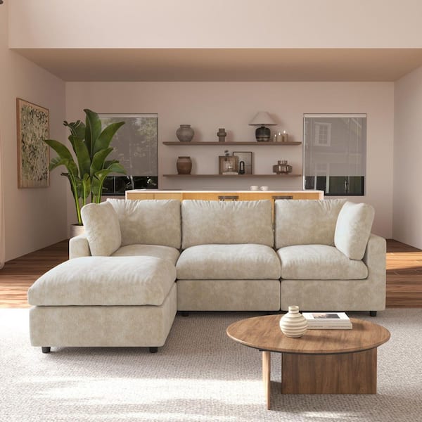 100.5 in. Square Arm Chenille Couch Modular Free Combination Sectional Sofa in Light Brown 4 Piece