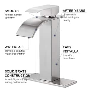 Waterfall Single Hole Single-Handle High-Arc Bathroom Faucet with Supply Line and Deckplate in Brushed Nickel