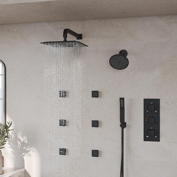 Chrome 4-Way Thermostatic Shower Faucet With 6'' Regular Head, 12'' Or 16'' Rainfall Head, Body Jets, Optional LED Light 16'' LED Rain Head - View #8