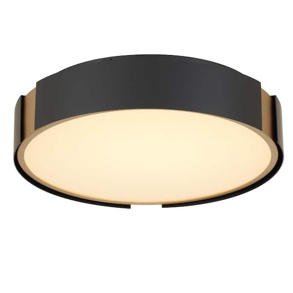 Milan 13 in. Matte Black with Brass Accent 5 CCT LED Flush Mount with Frosted Glass Shade