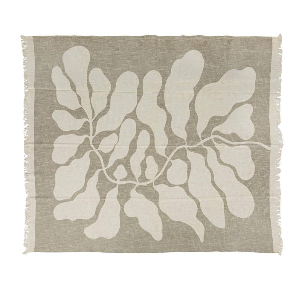 Storied Home Tan Cotton Slub Throw Blanket with Botanical Print and ...