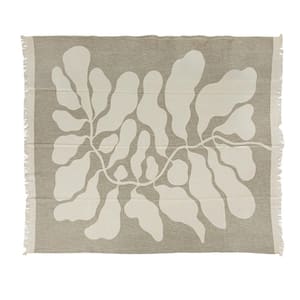 Tan Cotton Slub Throw Blanket with Botanical Print and Fringe