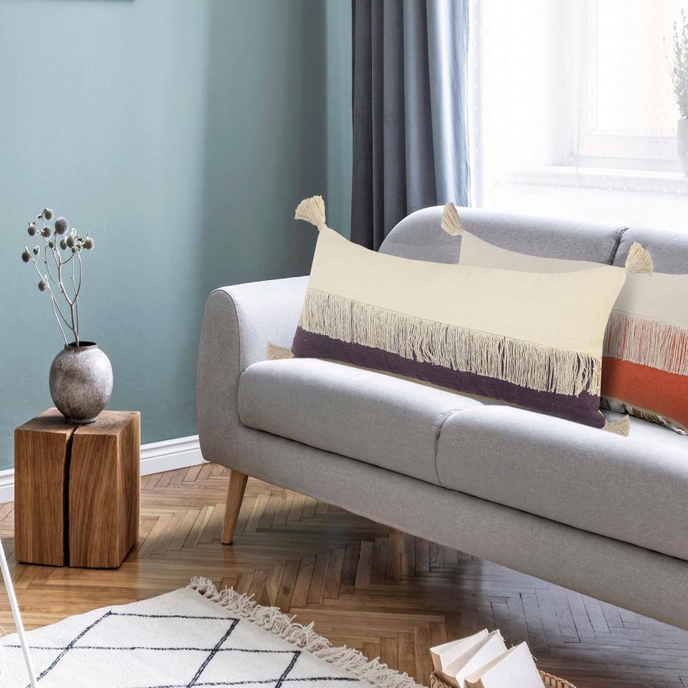 Purple and Off-White Cotton Fringe Lumbar Pillow, 14" x 36"