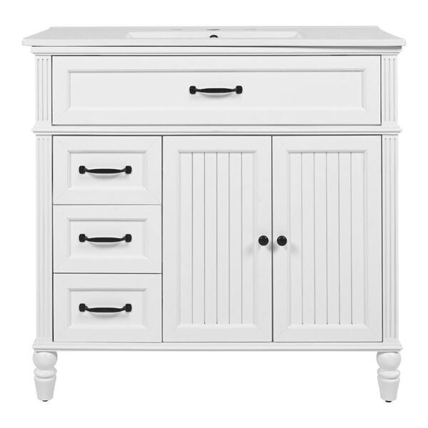 36 in. Freestanding White Bath Vanity with White Ceramic Top Unassembled