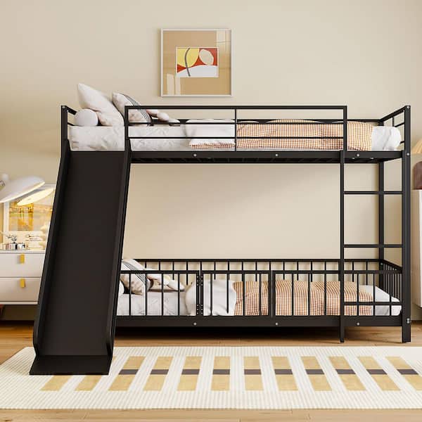 Black Twin Over Twin Bunk Bed with Slide and Guardrails