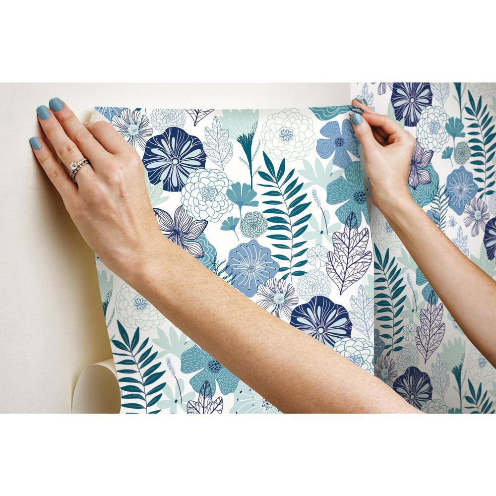 Blue Floral Peel and Stick Vinyl Wallpaper Roll