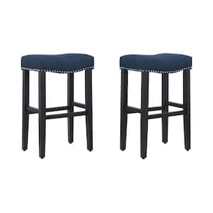 Jameson 29 in. Bar Height Black Wood Backless Barstool with Upholstered Navy Blue Linen Saddle Seat Stool (Set of 2)