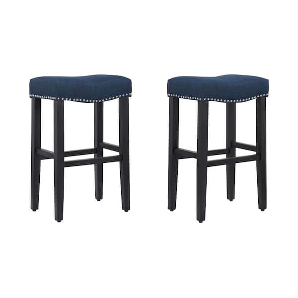 WESTINFURNITURE Jameson 29 in. Bar Height Black Wood Backless Barstool with Upholstered Navy Blue Linen Saddle Seat Stool (Set of 2)