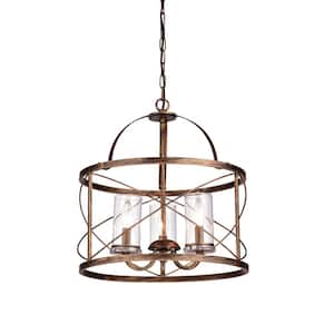 Peppola 3-Light Brushed Copper Lantern Style Drum Chandelier for Dining/Living Room, Bedroom, with No Bulbs Included