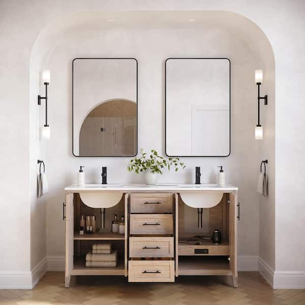 Silas 60 in. Double Sink Freestanding Bath Vanity with White Quartz Top and Ceramic Sink in Vanilla Oak