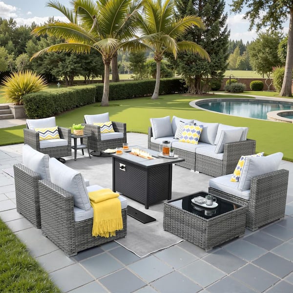 Sanibel Gray 11-Piece Wicker Patio Conversation Fire Pit Sectional Sofa Set with Swivel Chairs and Light Gray Cushions