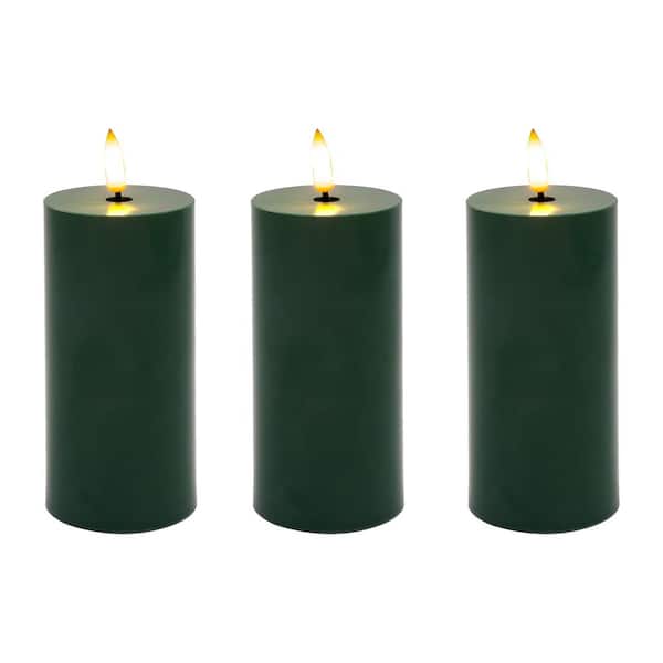 LUMABASE Battery Operated 3D Wick Flame Pillars, Green (Set of 3)