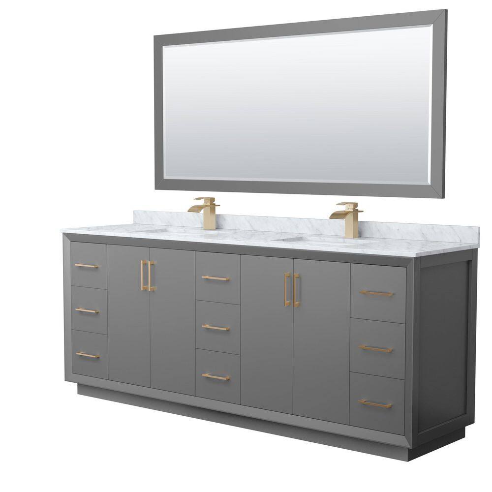 Wyndham Collection Strada 84 in. W x 22 in. D x 35 in. H Double Bath Vanity in Dark Gray with White Carrara Marble Top and 70 in. Mirror, Dark Gray with Satin Bronze Trim -  WCF414184DGZCMUNSM70