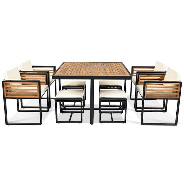 Brown 9-Piece Acacia Wood Outdoor Dining Set, 4 Chairs with Beige Cushion & 4 Ottomans & 1 Square Table for Backyard
