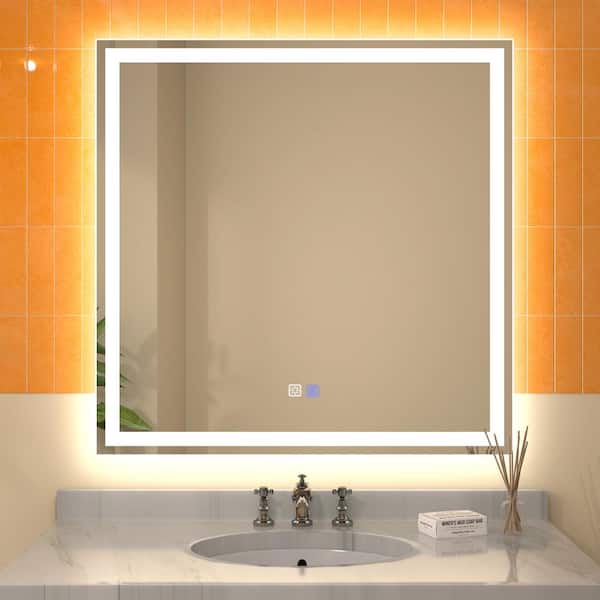 ExBrite Derrin 36 in. W x 36 in. H Medium Square Frameless Anti-Fog Dimmable LED Wall Bathroom Vanity Mirror in Silver