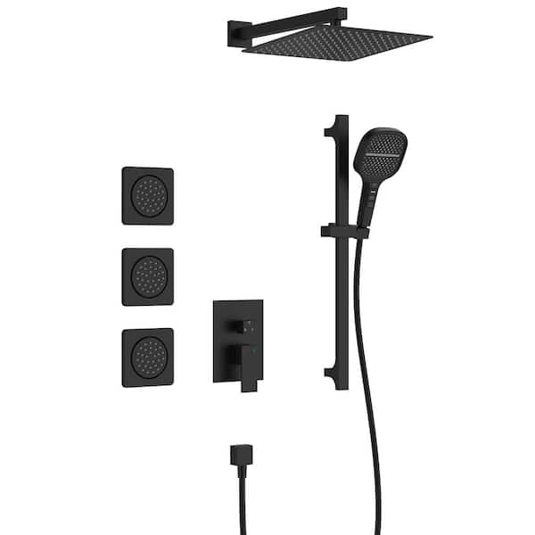 GIVING TREE 3-Spray Patterns with 2.0 GPM 12 in. Wall Mount Fixed Shower Head with Body Spray Solid Brass Valve in Matte Black