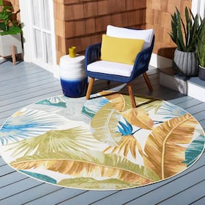 Barbados Gold/Green 5 ft. x 5 ft. Round Tropical Leaf Indoor/Outdoor Area Rug