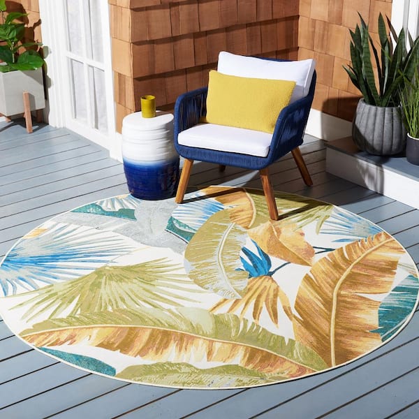 Barbados Gold/Green 8 ft. x 8 ft. Round Tropical Leaf Indoor/Outdoor Area Rug