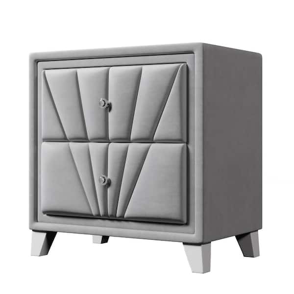 Unbranded 2-Drawer Gray Velvet Upholstered Nightstand (28 in. H x 26.8 in. W x 16.9 in. D)