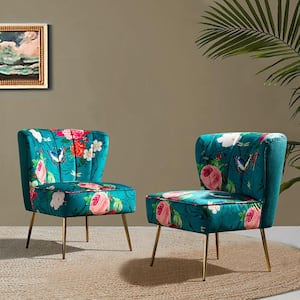 Amata Contemporary and Classic Blue Comfy Elegant Pattern Side Chair with Tufted Back and Metal Base (Set of 2)