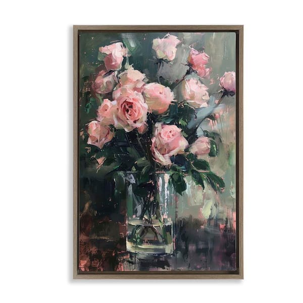Stupell Industries Pretty Pink Roses Vase by LSR Design Studio Brown Floater Frame Nature Graphic Art Print 25 in. x 17 in.
