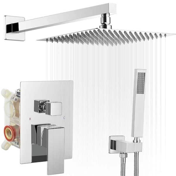 BWE Single Handle 2-Spray Square High Pressure Shower Faucet with 16" Shower Head in Polished Chrome (Valve Included)