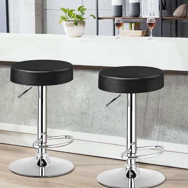 26 in.-34 in. Black Backless Steel Height Adjustable Swivel Bar Stool with PU Leather Seat (Set of 1)