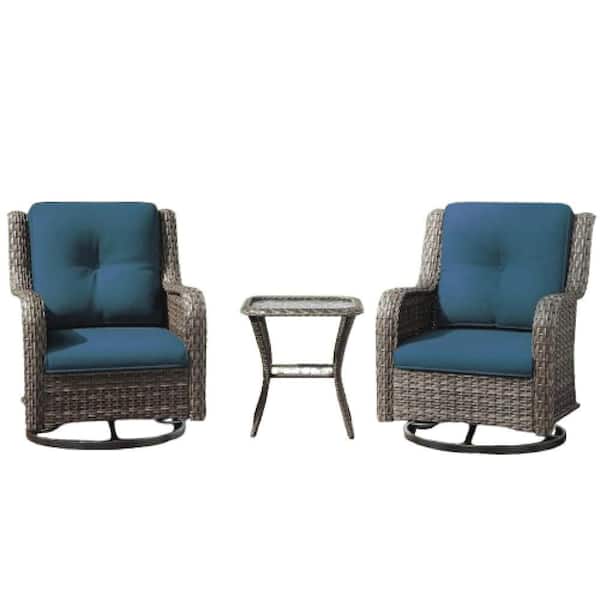 3-Pieces Rattan Swivel Outdoor Conversation Sets with Blue Cushions and Side Table