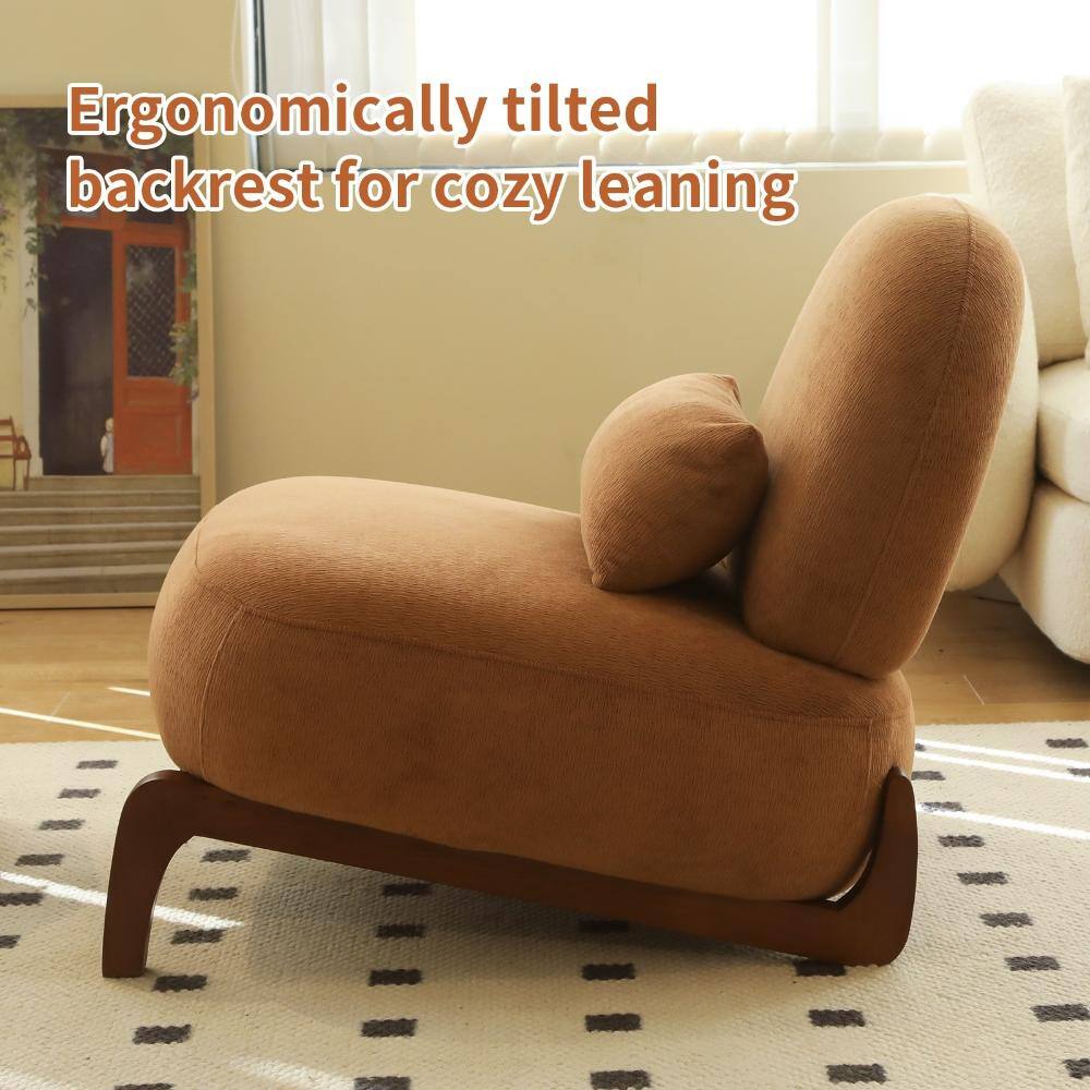 Side view of the caramel fabric armless accent chair showing the tilted backrest.