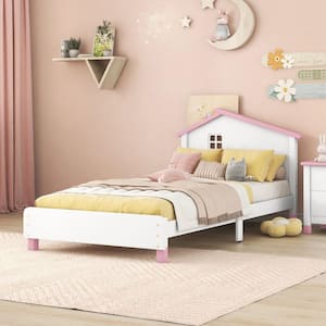Twin Size Platform Bed with House-Shaped Headboard, Wood Twin Platform Bed Frame for Kids, Boys, Girls(White+Pink)