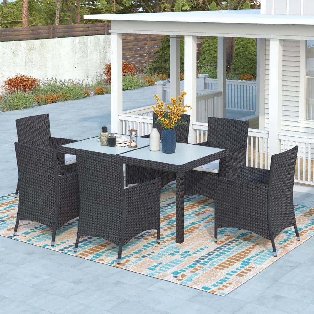 Black Patio 7-Piece Wicker Outdoor Dining Set with Dining table, Beige Cush