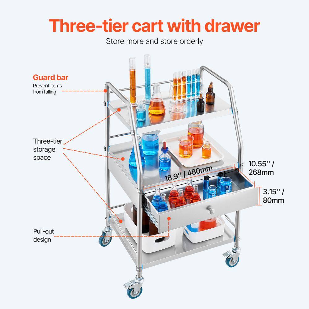 Silver Stainless Steel 3-Tier Mobile Lab Cart with Drawer