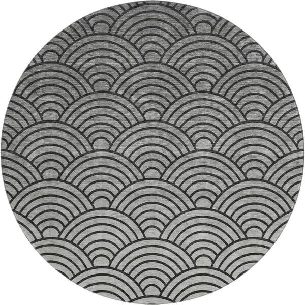 Mayfield Premium Machine Washable Abstract AMF2414 Black 8 ft. x 8 ft. Round Rug