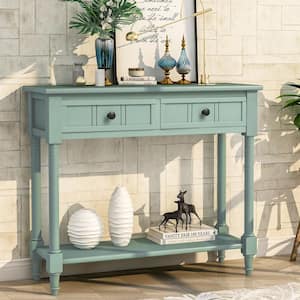 36 in. Rectangle Retro Blue Wood Console Table with 2-Drawers and Bottom Shelf
